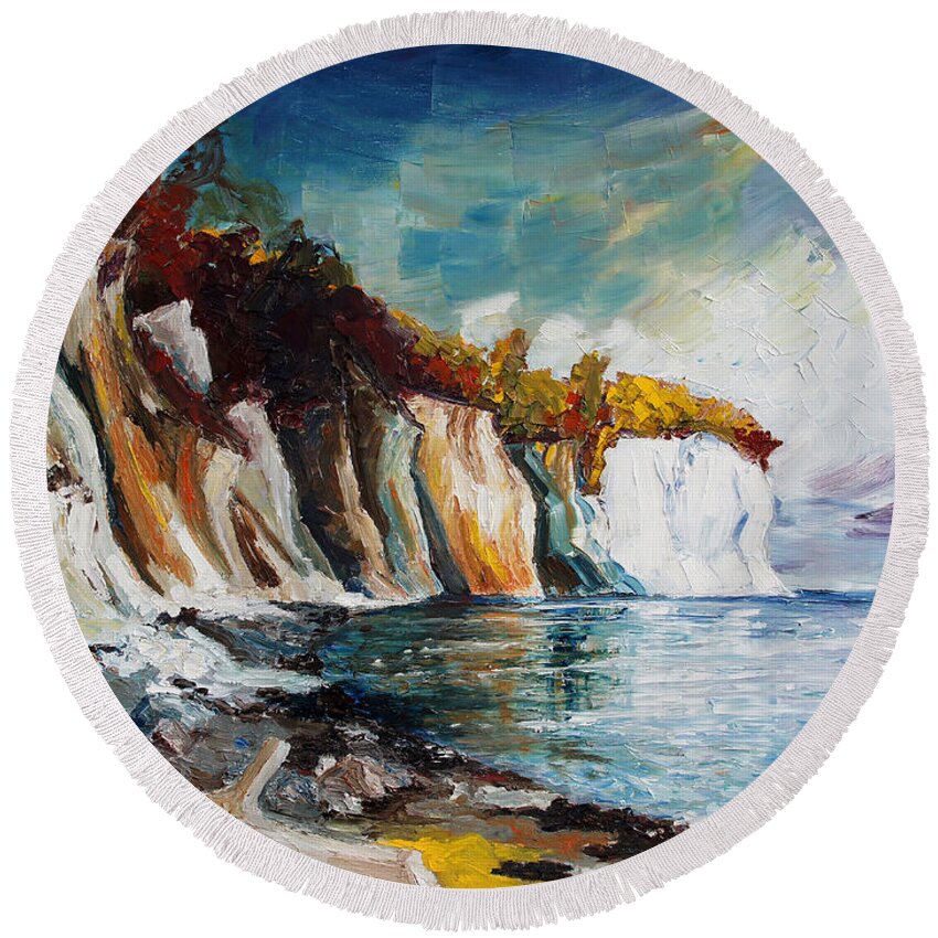 Island Ruegen Round Beach Towel featuring the painting Chalk Cliffs On The Island Ruegen In Fall by Barbara Pommerenke