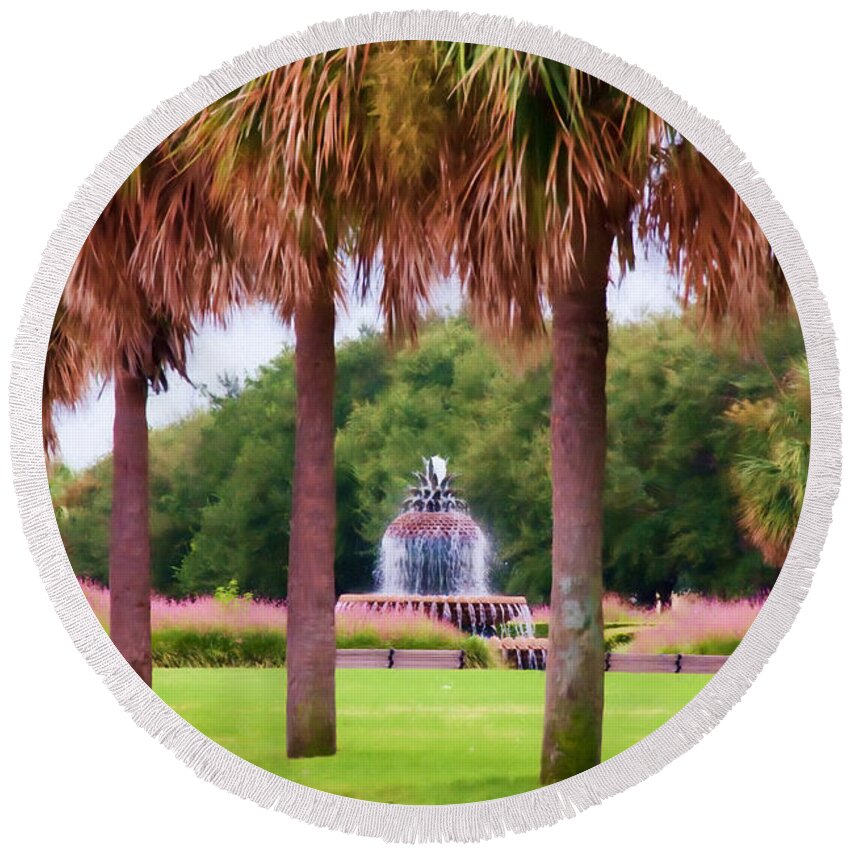 Pineapple Round Beach Towel featuring the digital art Charleston Pineapple Fountain by Susan Cliett