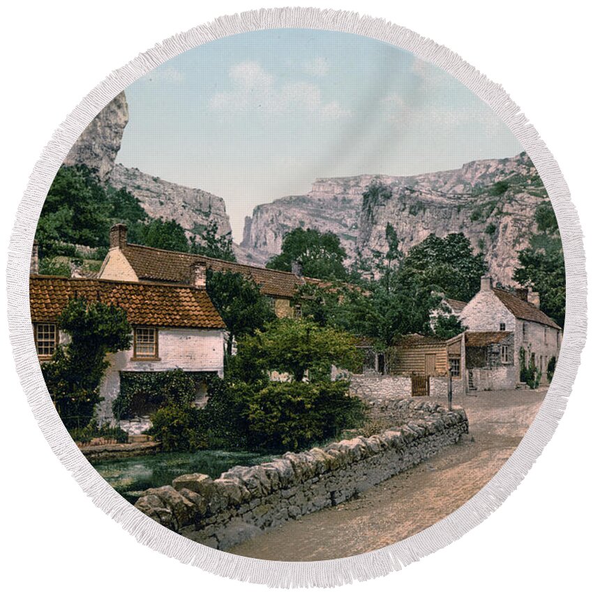 England Round Beach Towel featuring the photograph Cheddar - England - Village and Lion Rock by International Images