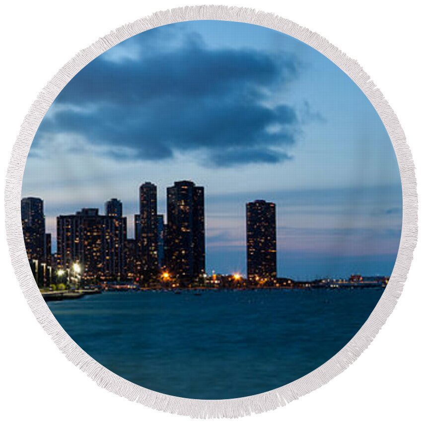 Chicago Skyline Round Beach Towel featuring the photograph Chicago skyline and Navy Pier at Dusk by Semmick Photo