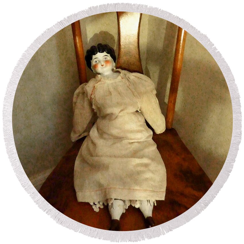Doll Round Beach Towel featuring the photograph China Doll on Chair by Susan Savad