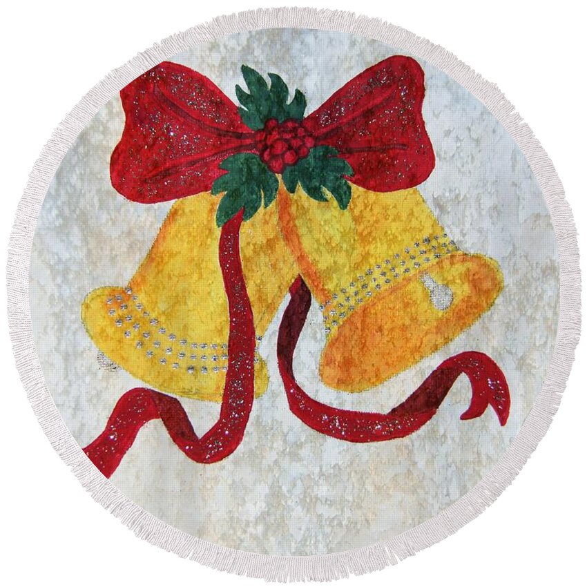 Christmas Round Beach Towel featuring the painting Christmas Bells by Davandra Cribbie
