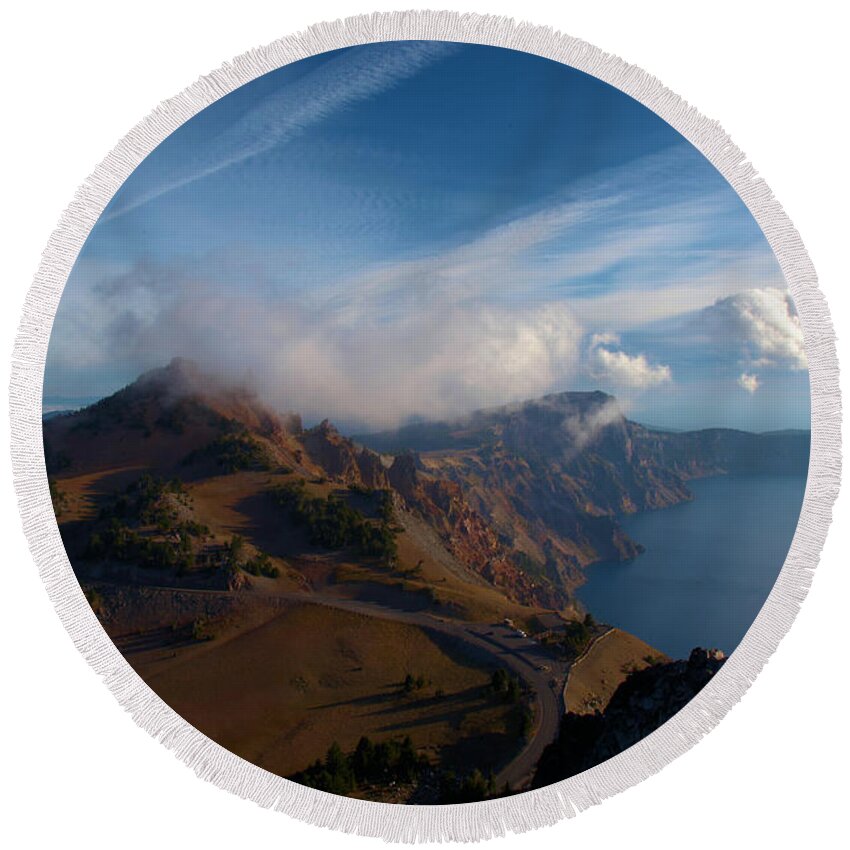 Crater Lake National Park Round Beach Towel featuring the photograph Clouds On The Horizon by Adam Jewell