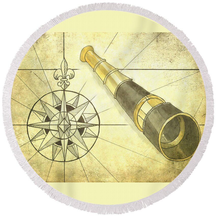 Monocular Round Beach Towel featuring the painting Compass and Monocular by Jaime Haney