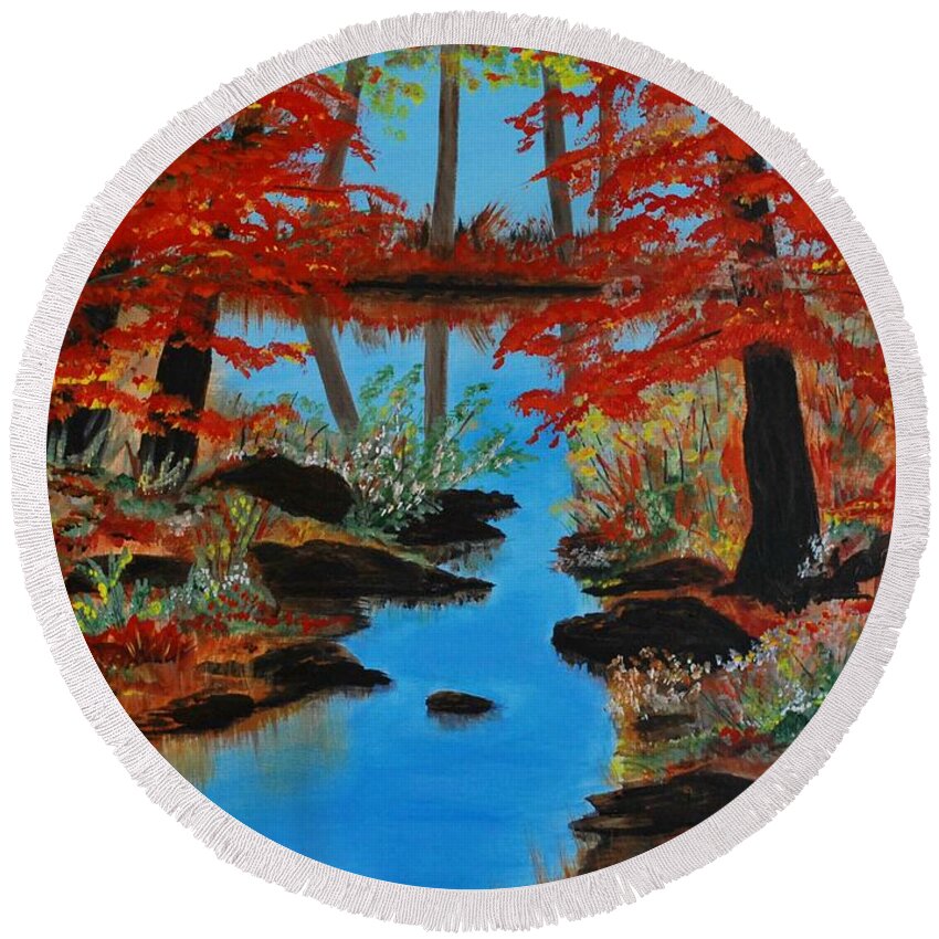Mountain Scene Round Beach Towel featuring the painting Completely Still by Leslie Allen