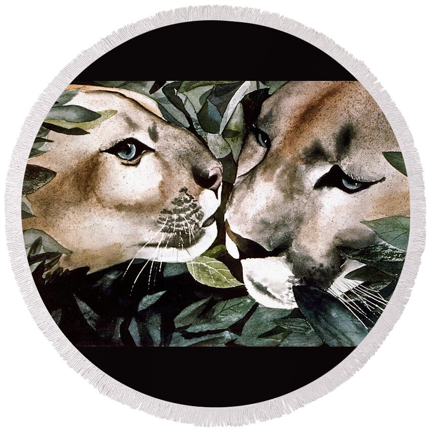 Mountain Round Beach Towel featuring the painting Cougar Kiss by Frank SantAgata
