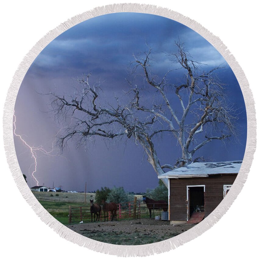 Country Round Beach Towel featuring the photograph Country Horses Lightning Storm NE Boulder County CO 63 by James BO Insogna
