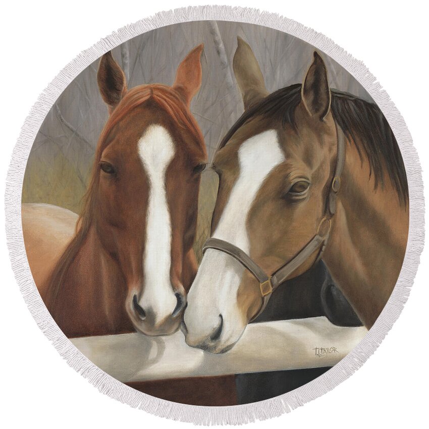 Horses Showing Affection Over The Fence Round Beach Towel featuring the painting Courtship by Tammy Taylor