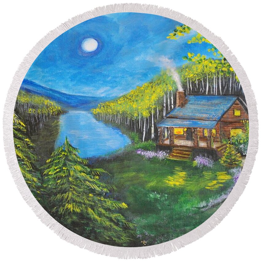 Log Cabin Round Beach Towel featuring the painting Cozy Cabin by Leslie Allen
