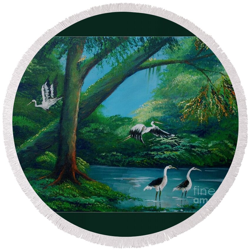 Wild Birds Round Beach Towel featuring the painting Cranes on the swamp by Jean Pierre Bergoeing