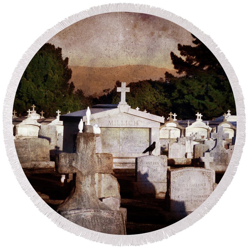 Cemetery Round Beach Towel featuring the photograph Crow Among the Stones by Laura Iverson