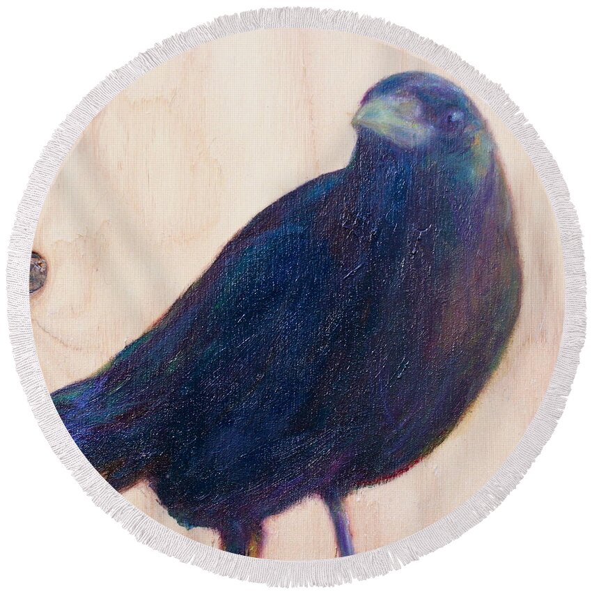 Crow Round Beach Towel featuring the painting Crow Friend by Quin Sweetman