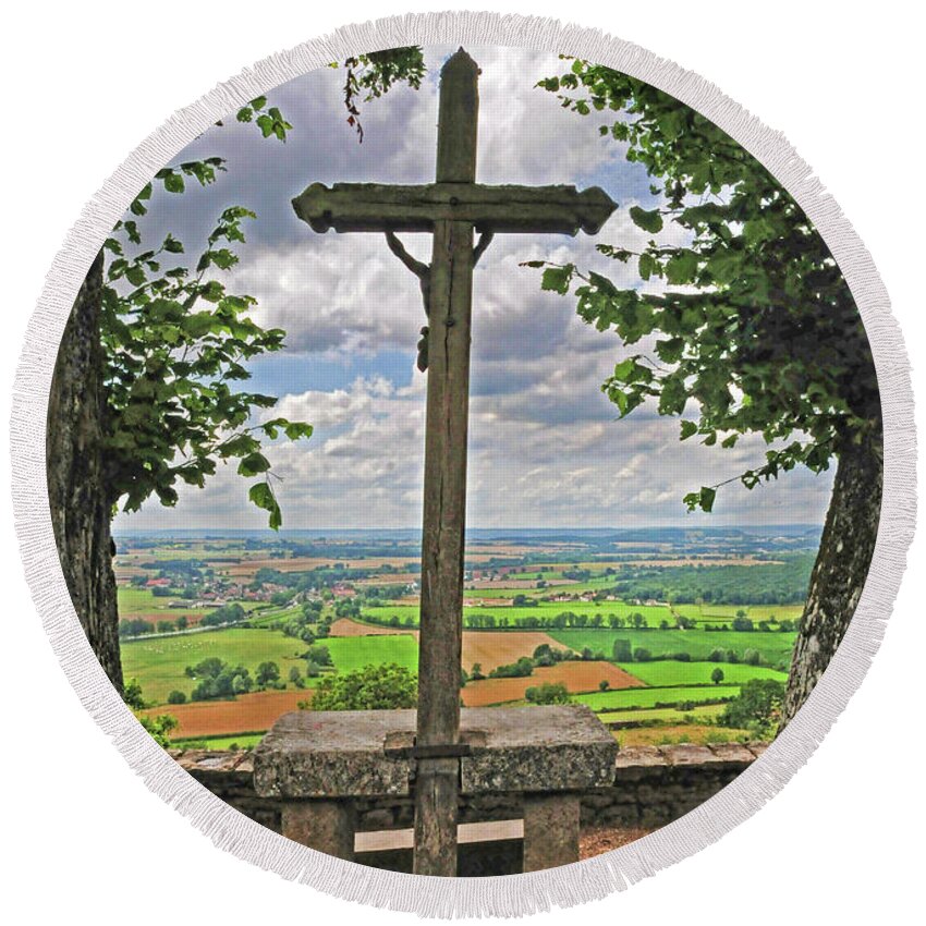 Crucifix Round Beach Towel featuring the photograph Crucifix Overlooking the French Countryside by Dave Mills