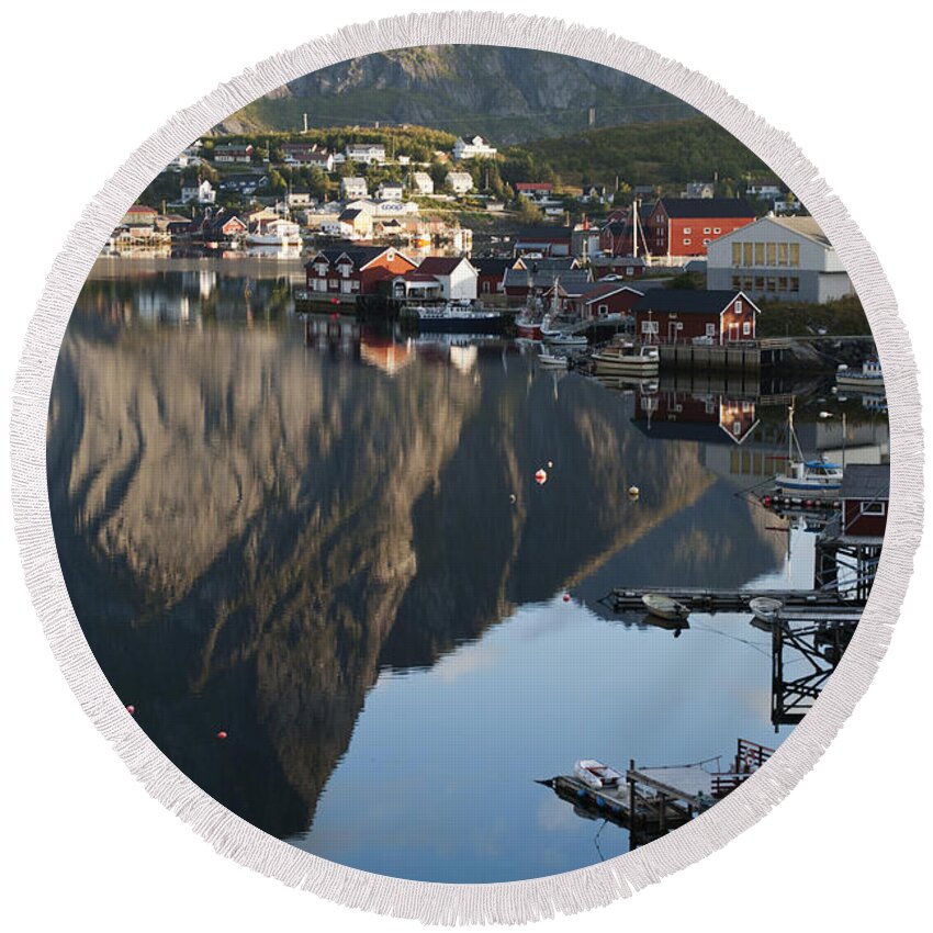 Norway Round Beach Towel featuring the photograph Crystal Waters at Reine Village by Heiko Koehrer-Wagner