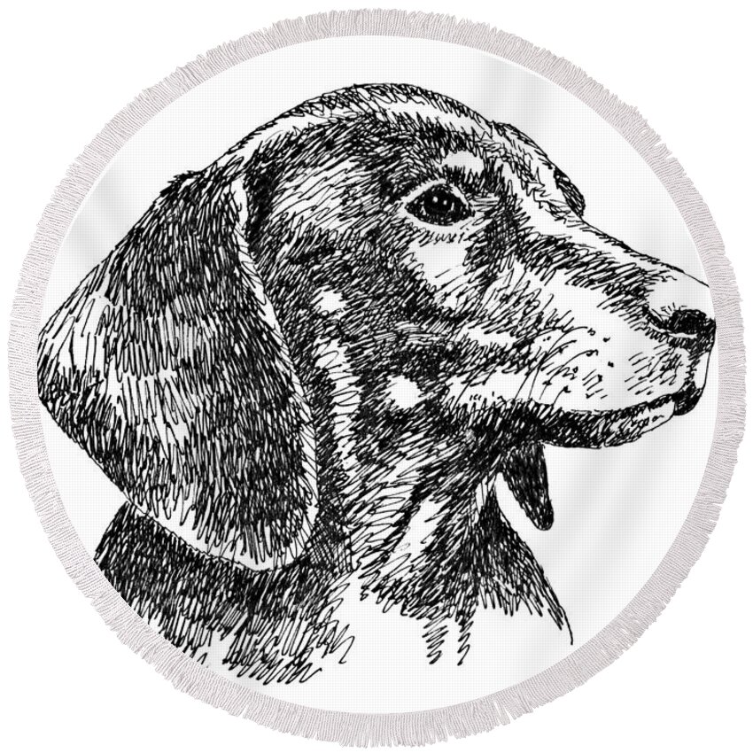 Dachshund Round Beach Towel featuring the drawing Dachshund-Drawing-2 by Gordon Punt