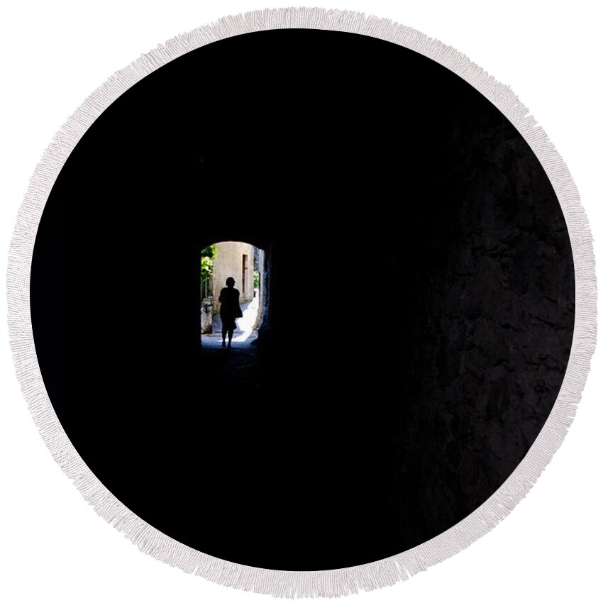 Woman Round Beach Towel featuring the photograph Dark alley by Mats Silvan