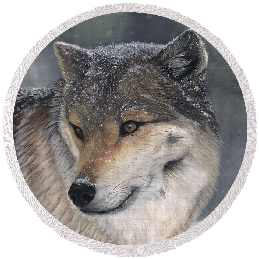 Wolf Round Beach Towel featuring the painting Distraction by Tammy Taylor