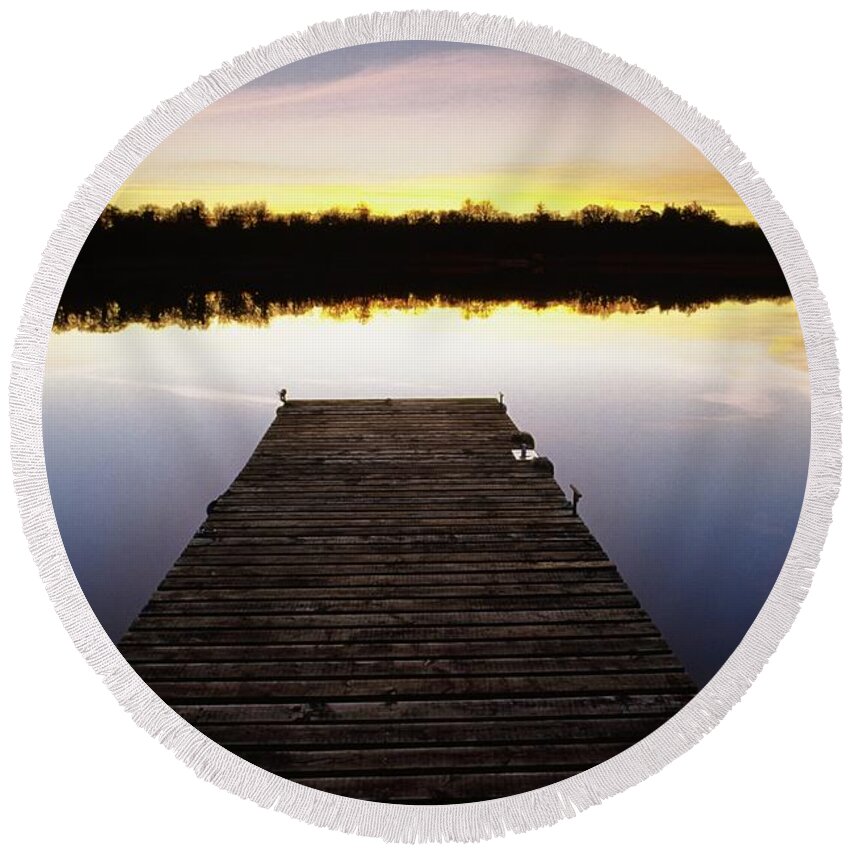 Sunset Round Beach Towel featuring the photograph Dock At Sunset by Gareth McCormack