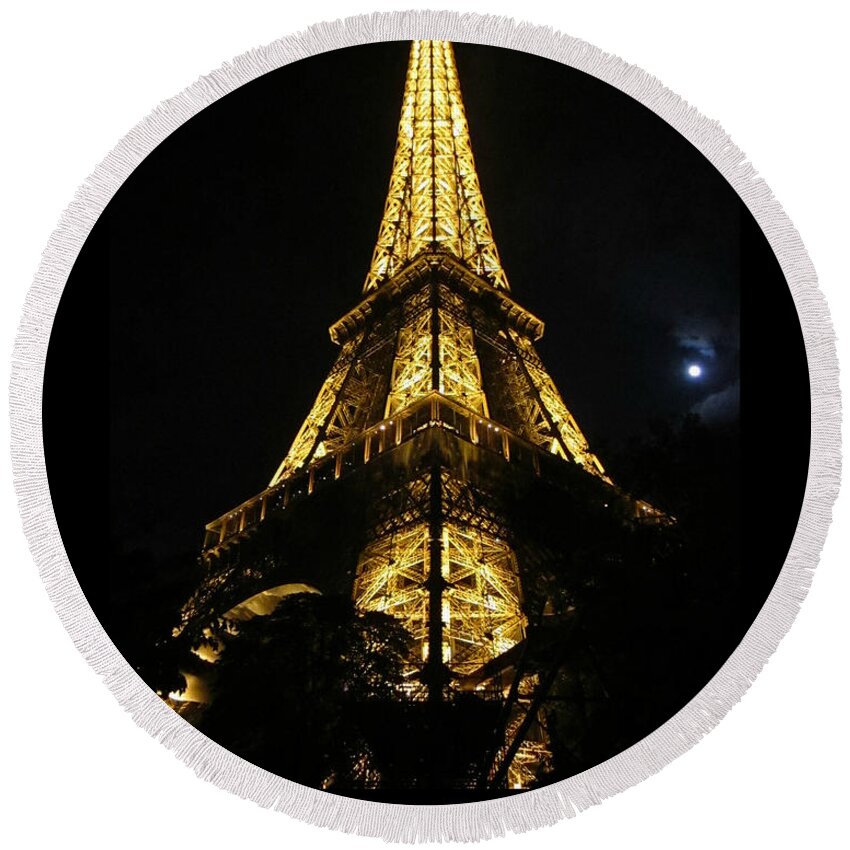 Eiffel Tower Round Beach Towel featuring the photograph Eiffel Tower Moon Light Paris France by John Shiron