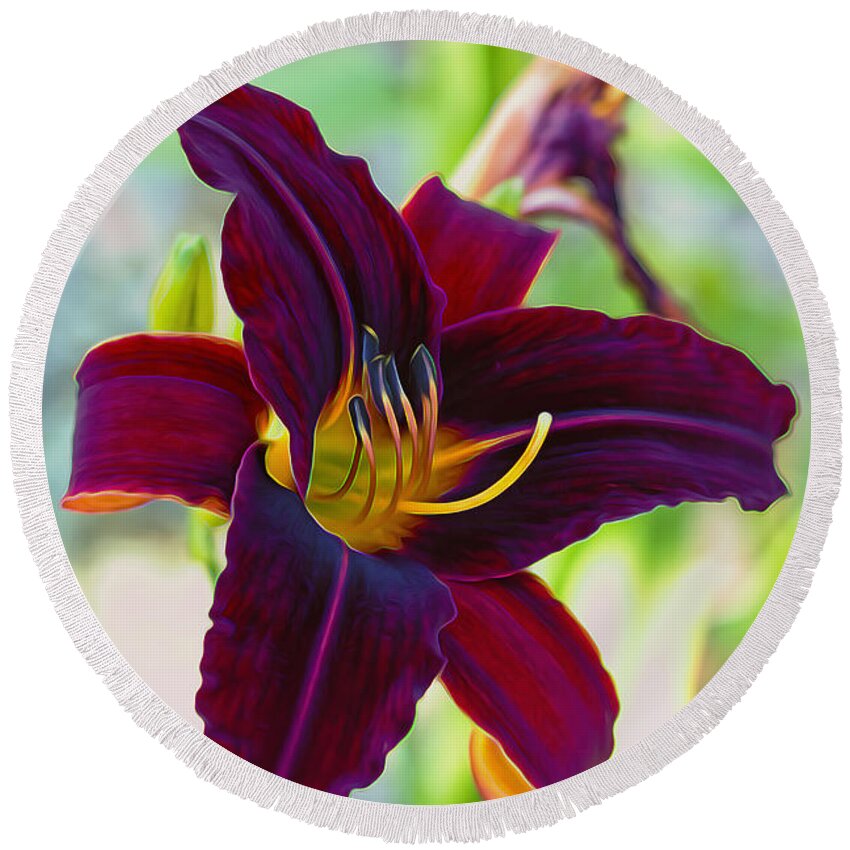 Lily Round Beach Towel featuring the photograph Electric Maroon Lily by Bill and Linda Tiepelman