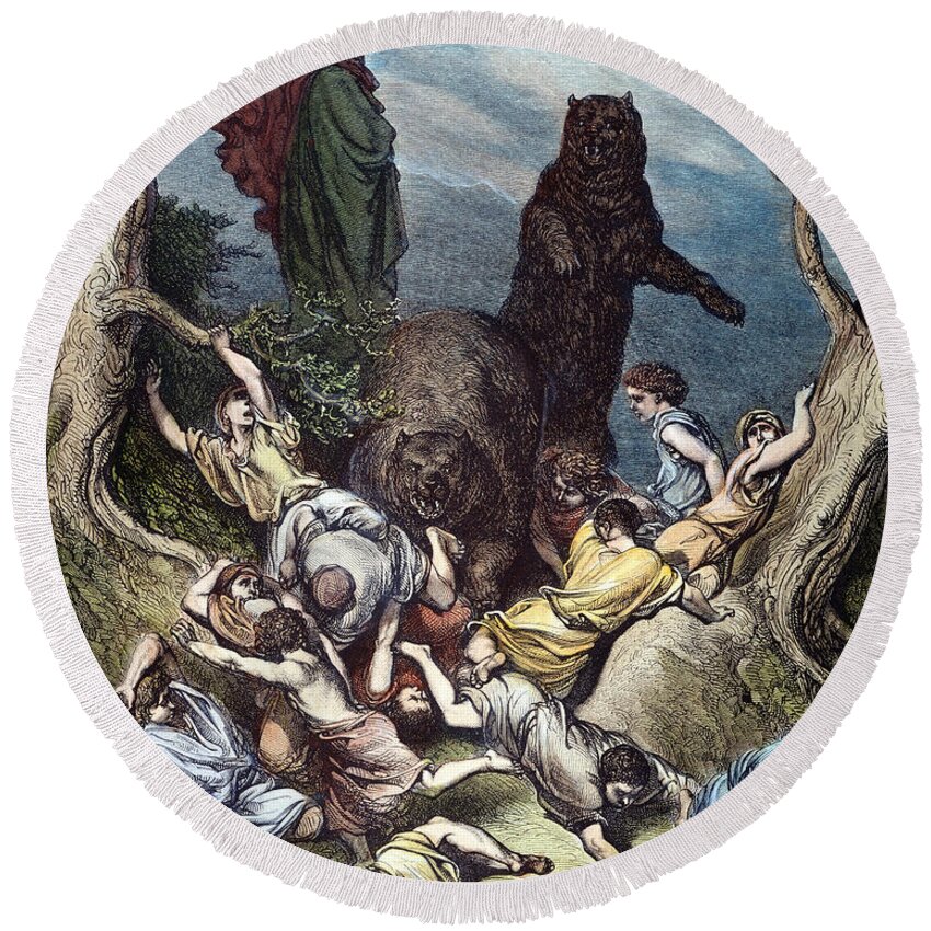 Ancient Round Beach Towel featuring the drawing Elisha And The She-bears by Gustave Dore