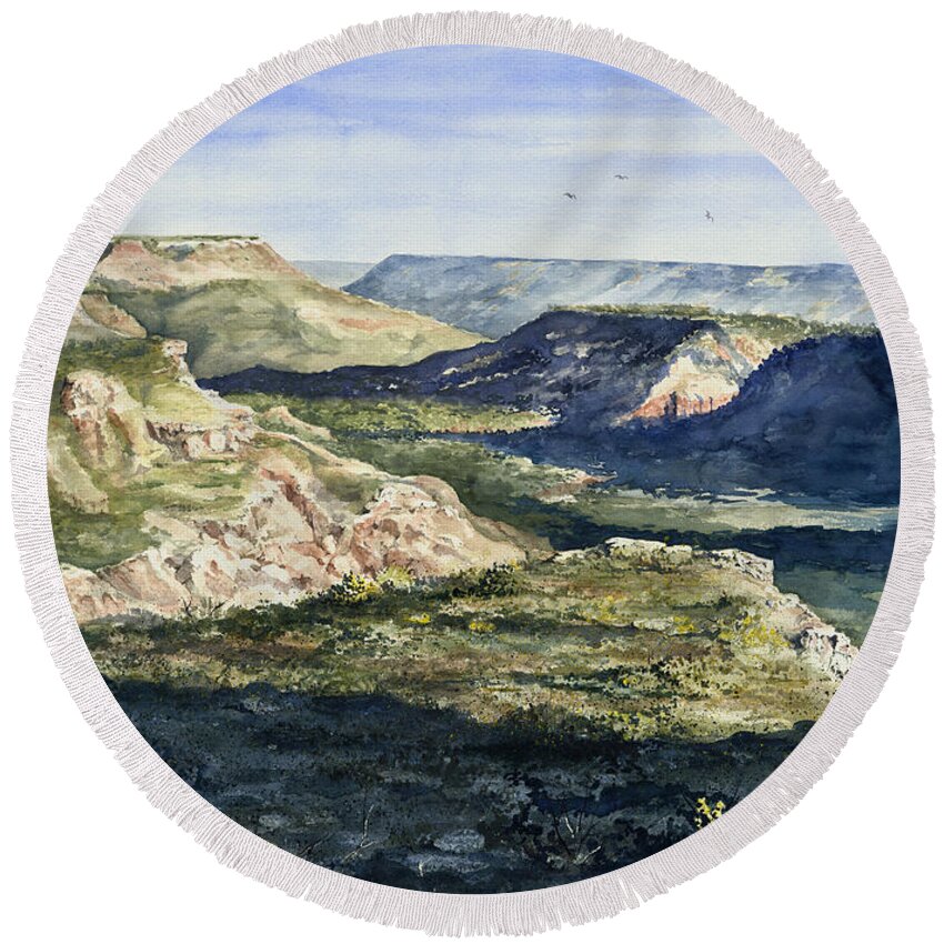 Canyon Round Beach Towel featuring the painting Evening Flight Over Palo Duro Canyon by Sam Sidders