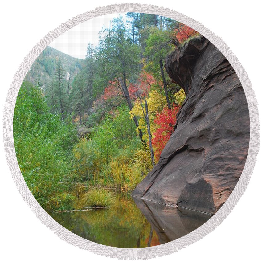 Sedona Round Beach Towel featuring the photograph Fall Peeks from behind the Rocks by Heather Kirk