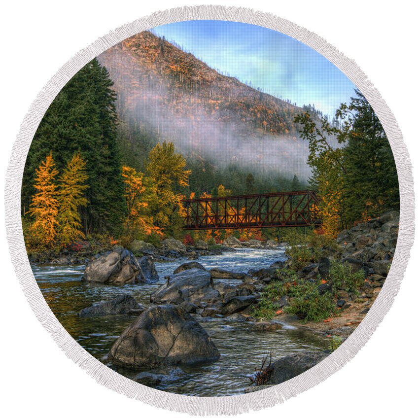 Hdr Round Beach Towel featuring the photograph Fall up the Tumwater by Brad Granger