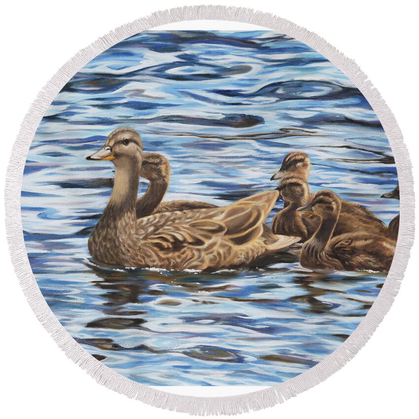 Mallard Ducks Round Beach Towel featuring the painting Family Outing by Tammy Taylor