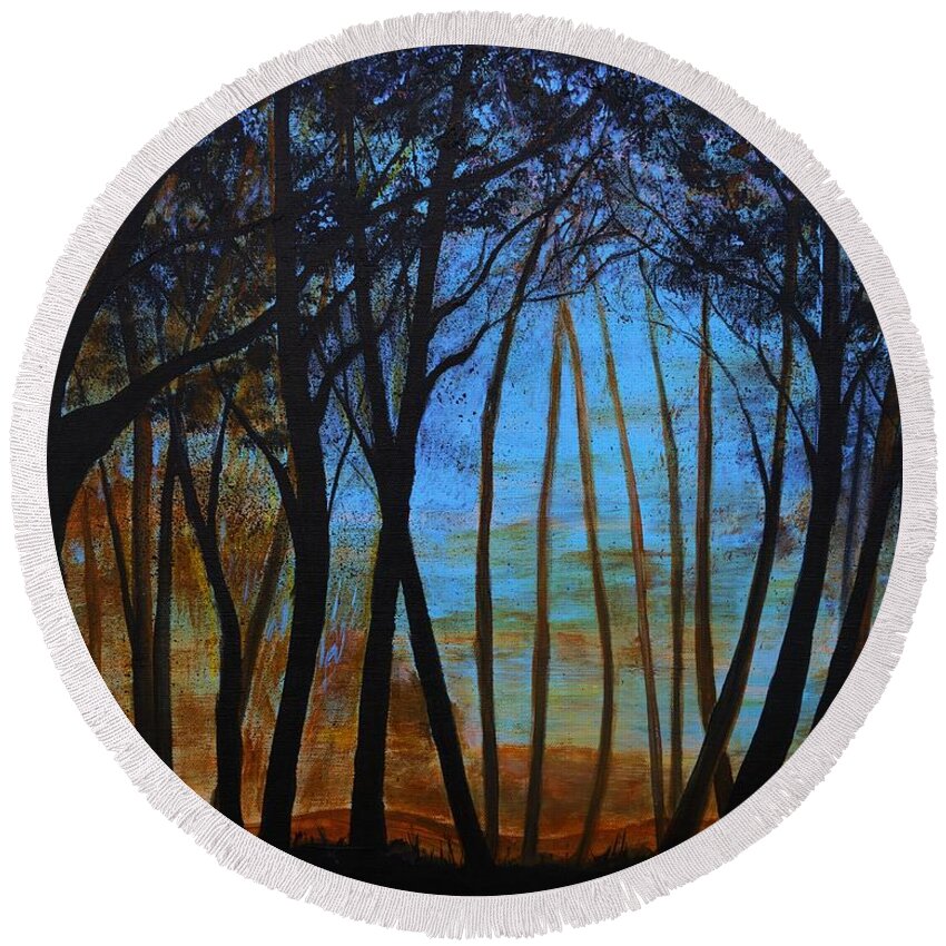 Landscape Round Beach Towel featuring the painting Far In The Distance by Leslie Allen
