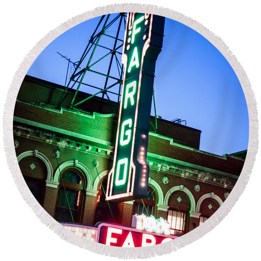 America Round Beach Towel featuring the photograph Fargo ND Theatre Marquee at Night Photo by Paul Velgos