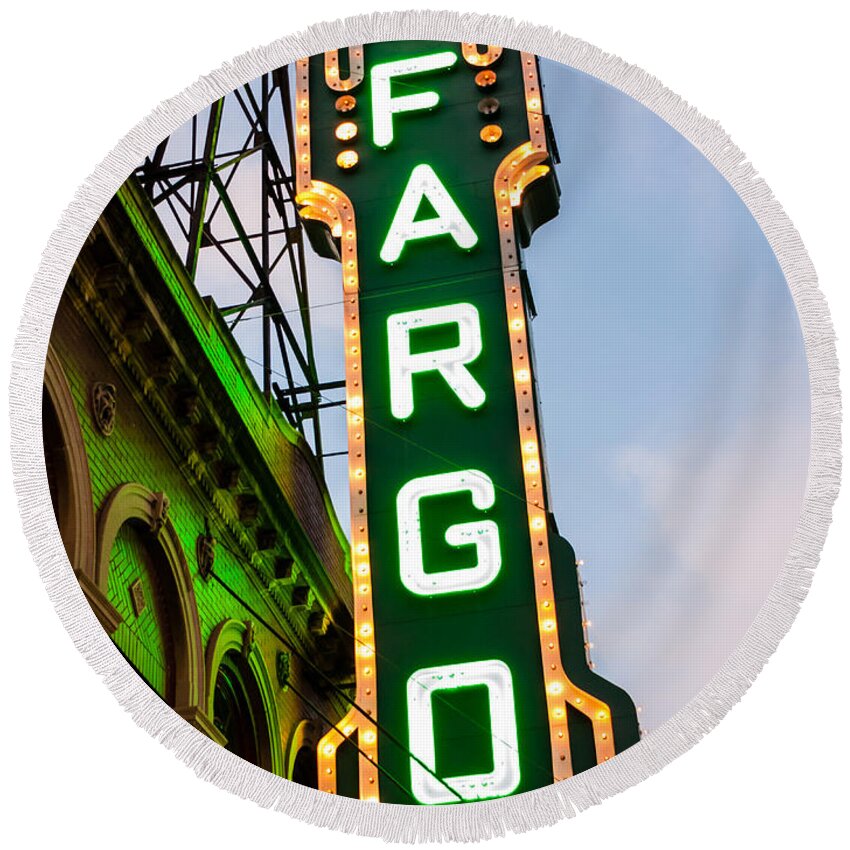 America Round Beach Towel featuring the photograph Fargo Theatre Marquee at Night Photo by Paul Velgos