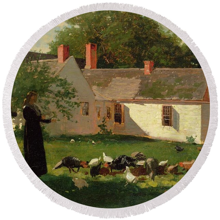 Farmhouse Round Beach Towel featuring the painting Farmyard Scene by Winslow Homer