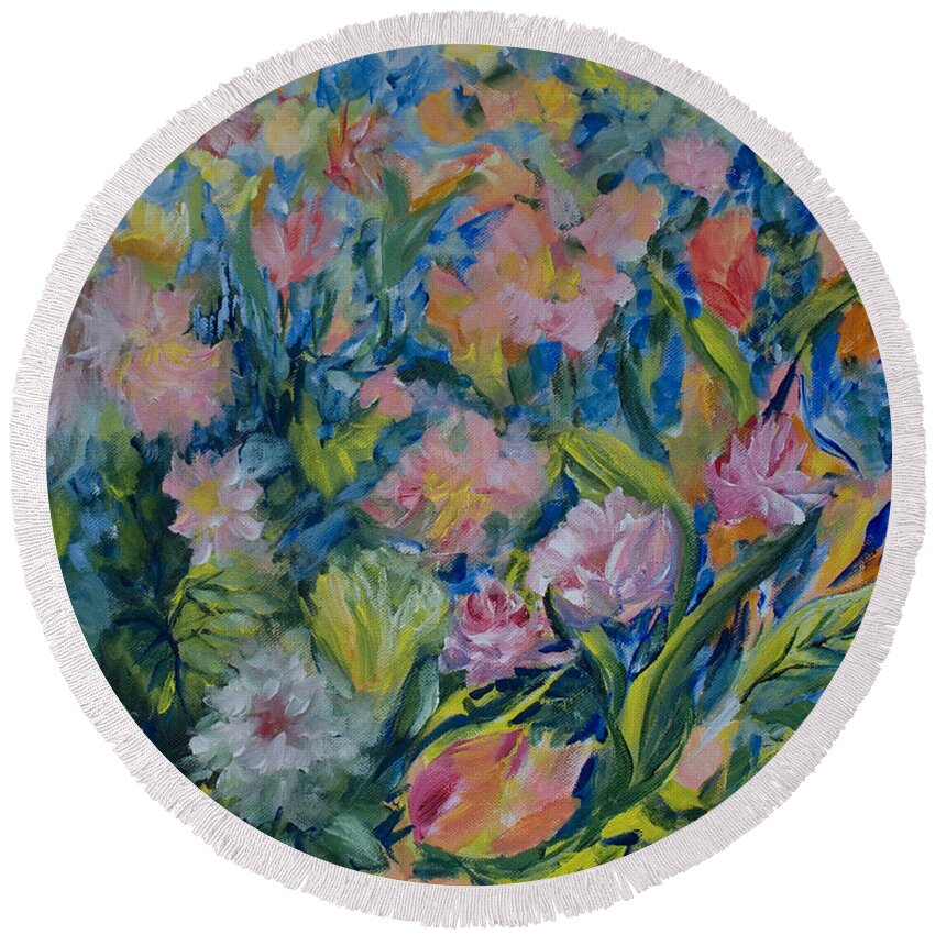 Flowers Round Beach Towel featuring the painting Field of Flowers by Jo Smoley