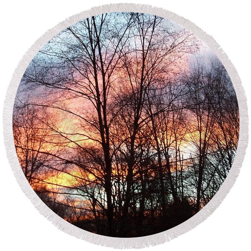 Sunset Round Beach Towel featuring the photograph Fire In The Sky by Kim Galluzzo Wozniak