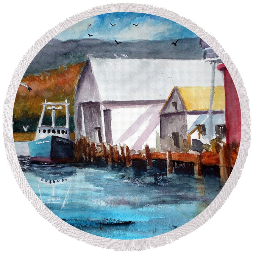 Watercolor Round Beach Towel featuring the painting Fishing Boat and Dock Watercolor by Chriss Pagani