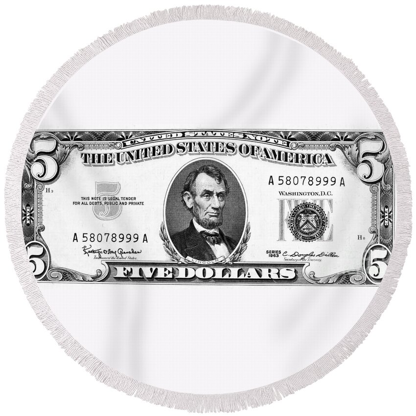 1963 Round Beach Towel featuring the photograph Five Dollar Bill by Granger