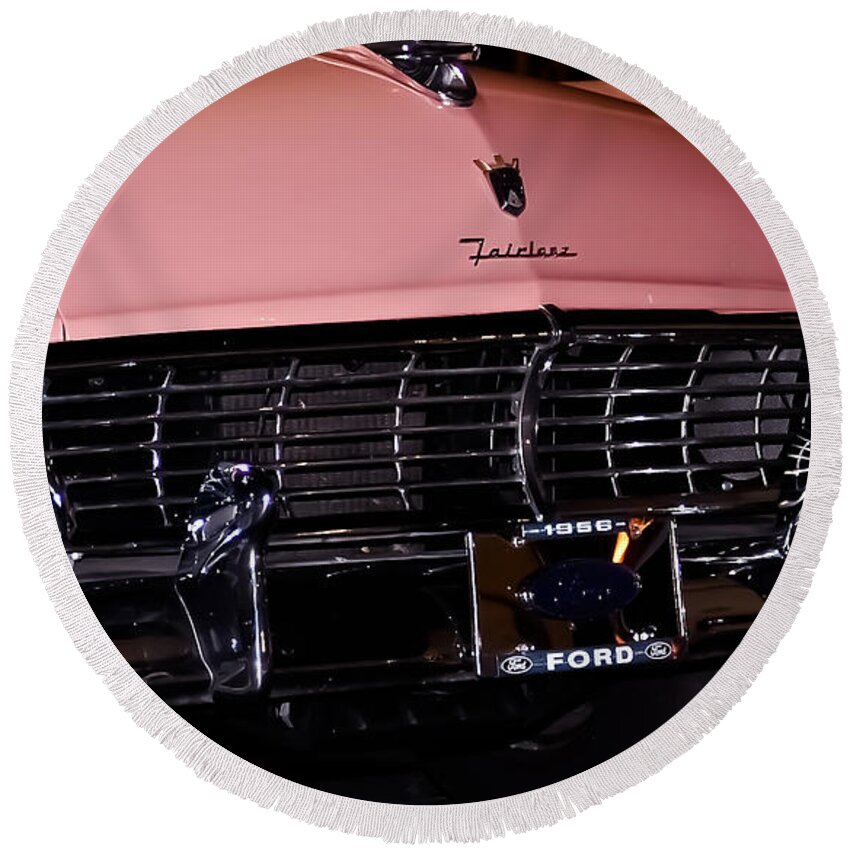 Ford Round Beach Towel featuring the photograph Flirtacious Fairlane by DigiArt Diaries by Vicky B Fuller