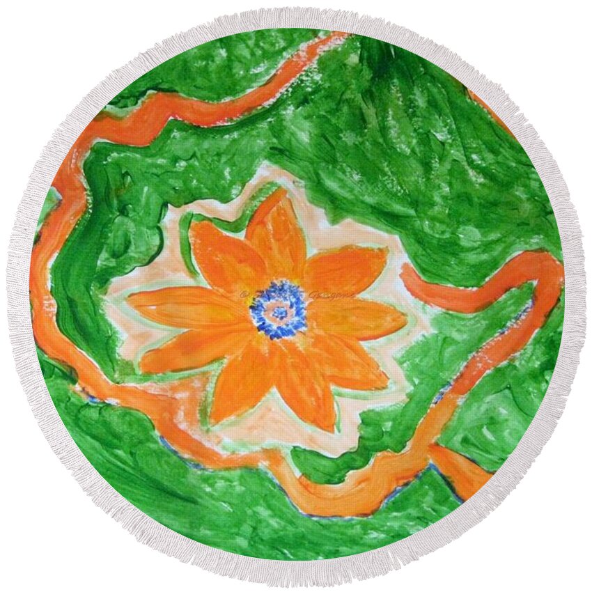 Flower Wandering In Green Waters Round Beach Towel featuring the painting Floating flower by Sonali Gangane