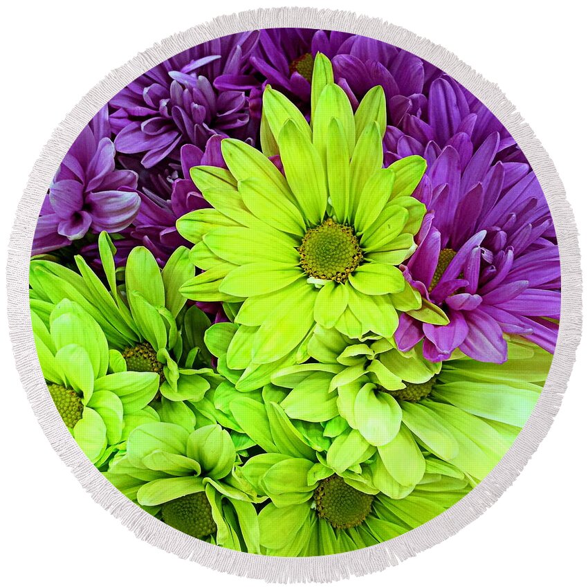 Flowers Round Beach Towel featuring the photograph floral green and Purple by Paul Wilford