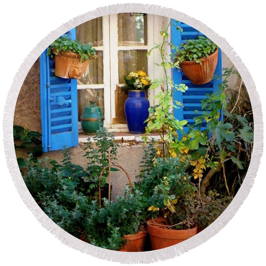 Window Round Beach Towel featuring the photograph Flower Pots Galore by Lainie Wrightson