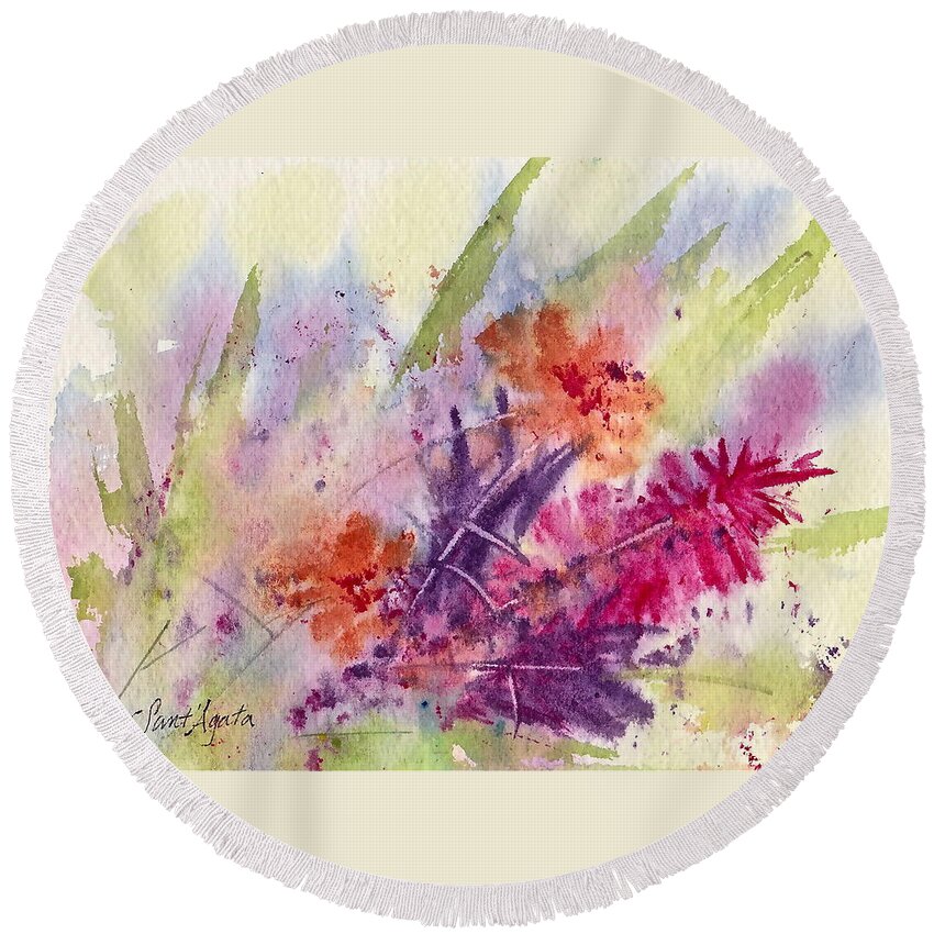 Red Round Beach Towel featuring the painting Flowerz by Frank SantAgata