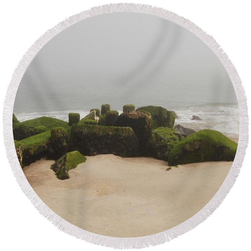 Jersey Shore Round Beach Towel featuring the photograph Fog Sits On Bay Head Beach II- Jersey Shore by Angie Tirado