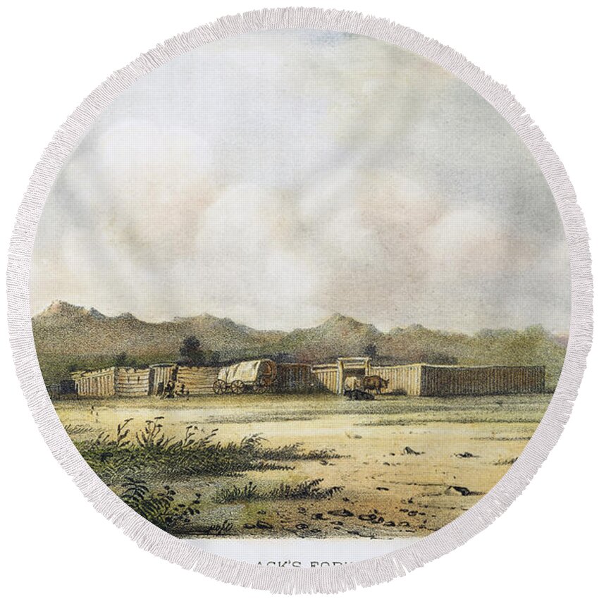 1852 Round Beach Towel featuring the photograph Fort Bridger, Wyoming, 1852 by Granger