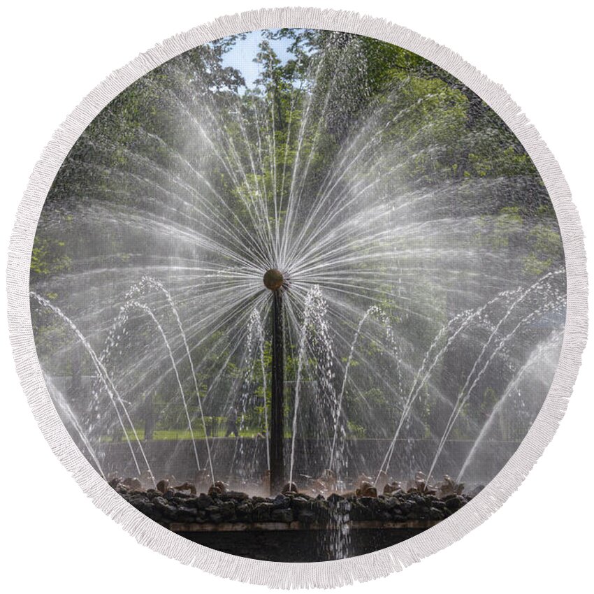 Clare Bambers Round Beach Towel featuring the photograph Fountain Peterhof Palace St Petersburg  Russia by Clare Bambers