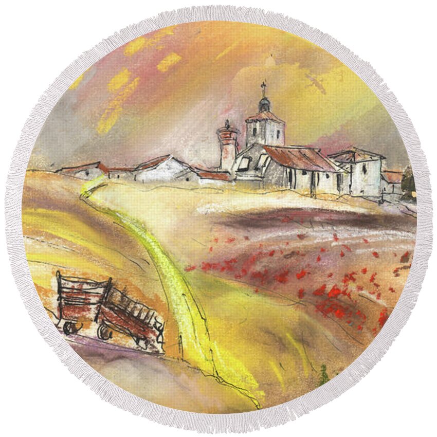 Spain Round Beach Towel featuring the painting Fuente del Cuellar in Spain by Miki De Goodaboom