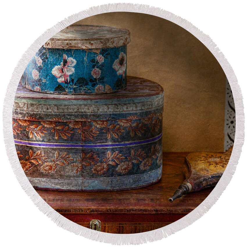 Box Round Beach Towel featuring the photograph Furniture - Hat boxes with billow by Mike Savad