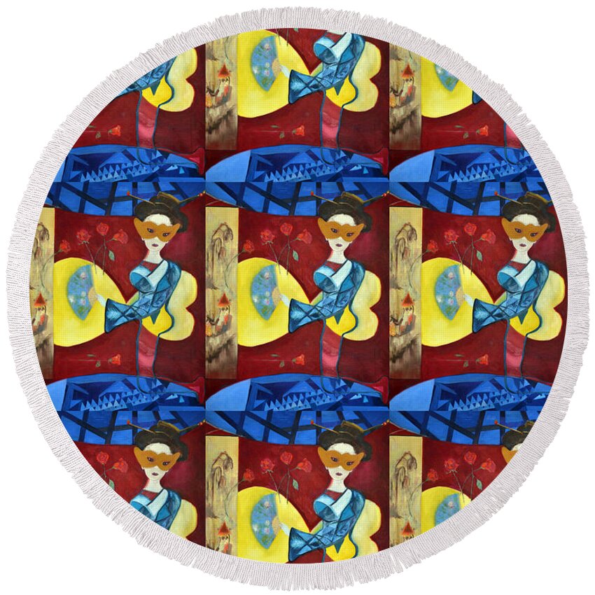 Multiple Image Round Beach Towel featuring the digital art Fusion Fun by Karen Francis