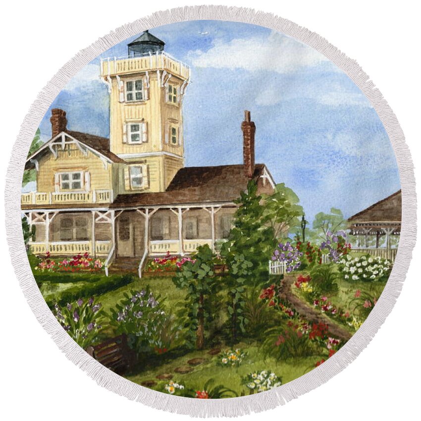 Hereford Inlet Lighthouse Round Beach Towel featuring the painting Gardens at Hereford Inlet Lighthouse by Nancy Patterson
