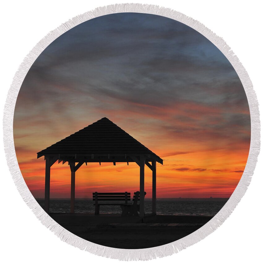 Terry D Photography Round Beach Towel featuring the photograph Gazebo at Sunset Seaside Park, NJ by Terry DeLuco
